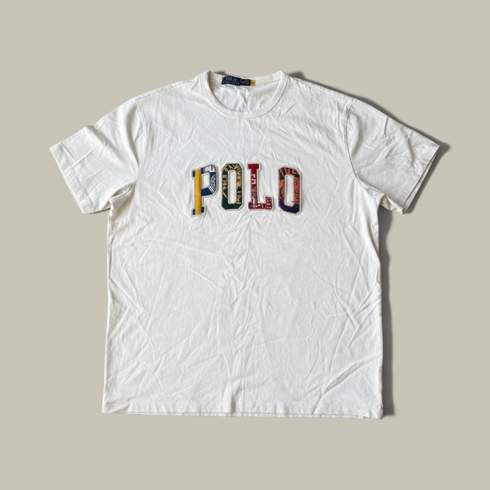 Polo Ralph Lauren White T-Shirt Mens XLT Patchwork Logo Graphic Tee
